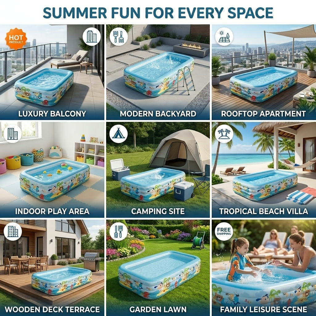 Large Cartoon Inflatable Swimming Pool for Kids & Family – Thickened Portable Wading Pool for Backyard Patio Garden, Quick Inflate Summer Outdoor Water Fun, Top Gift Choice