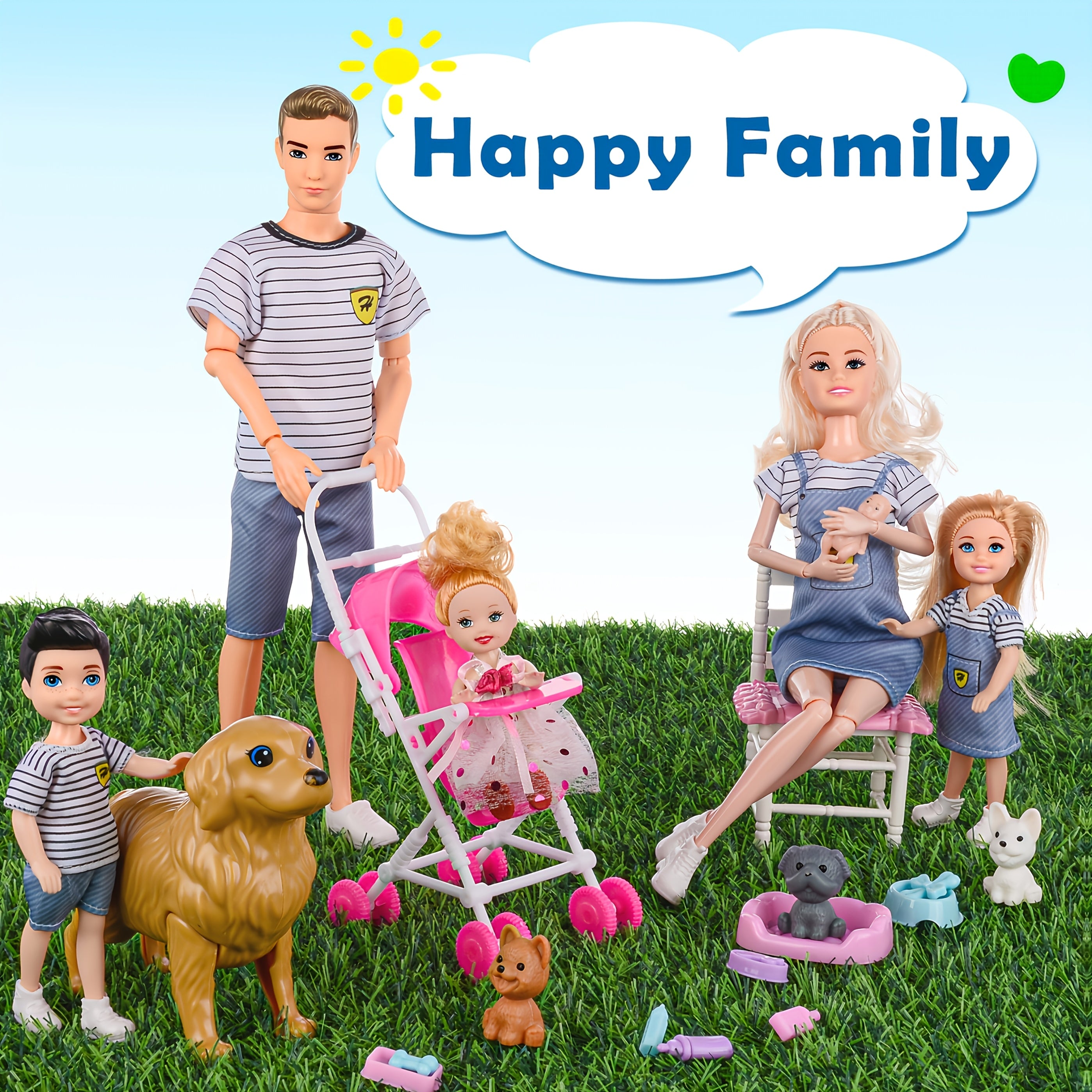 Family Doll Playset 6 Dolls with Pets & Accessories – Pregnant Mom Dad Kids Puppies Poseable PVC Collectible Toy Birthday Holiday Gift for Girls Age 3+
