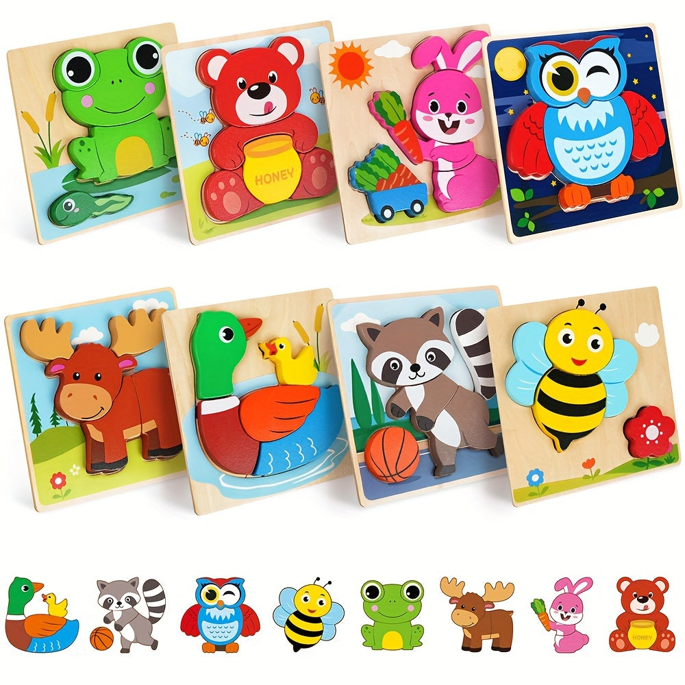 Animal Wooden Puzzle Set for Toddlers 8 Pack – Baby Jigsaw Puzzles Ages 12M+, Color & Shape Learning Toy for Boys Girls, Preschool Educational Gift for Christmas Birthday Thanksgiving
