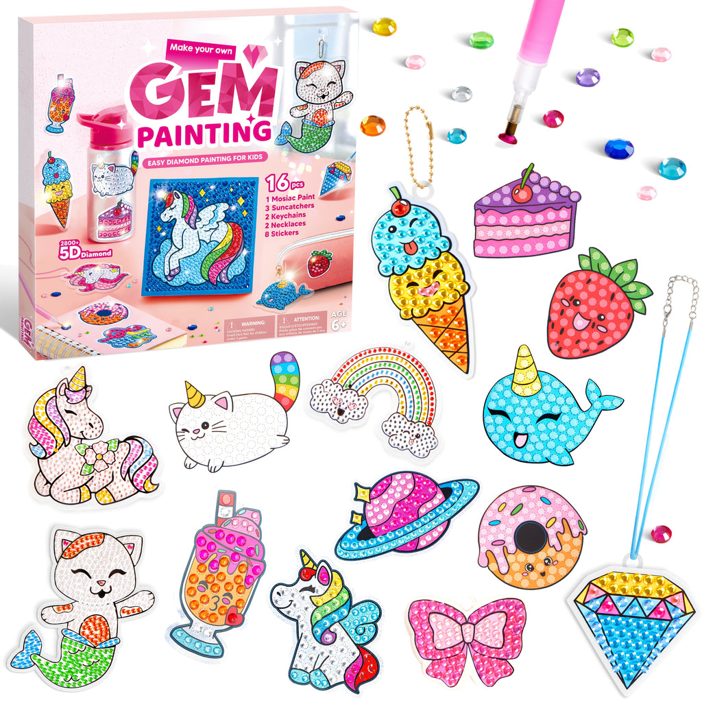 Gem Painting Kit for Kids 16 Projects 5D Diamond Art Craft Set with 2800+ Gems Suncatchers Keychains Necklaces Stickers Gift for Girls Ages 6+ Birthday Christmas Easter