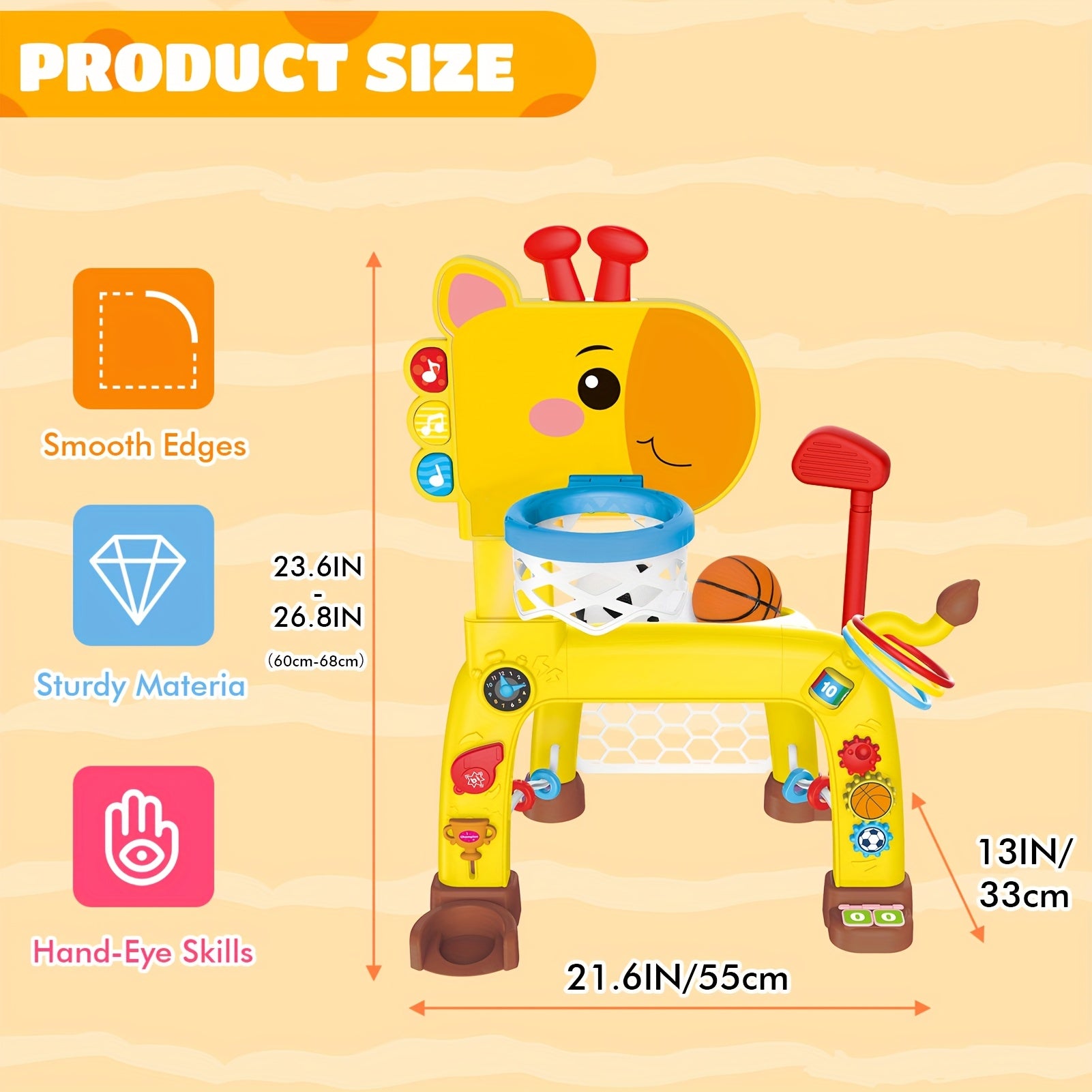Giraffe Basketball Hoop & Soccer Goal Activity Center for Toddlers – 2-in-1 Baby Sports Toy with Light, Sound & Music, Indoor Outdoor Game, Birthday Gift for Boys & Girls 12 Months+