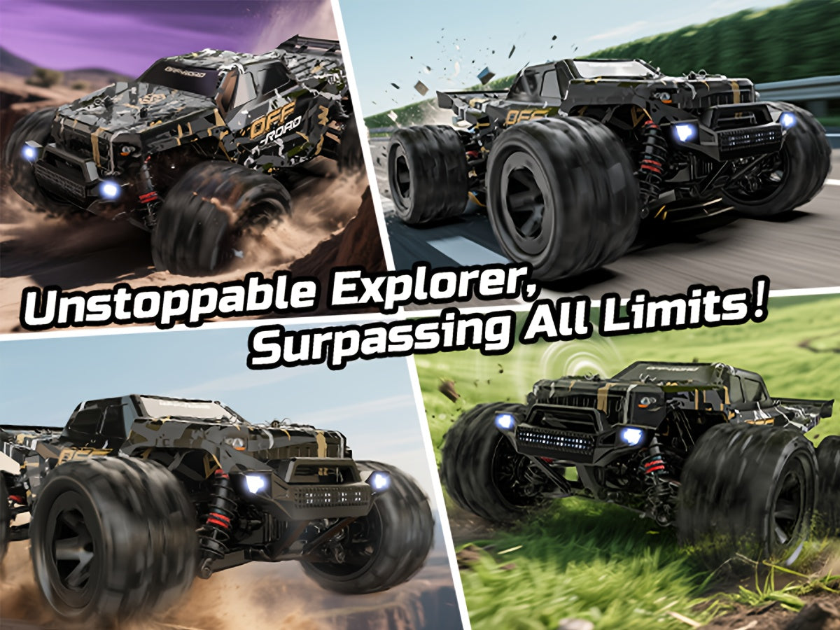 1/16 All-Metal 4WD RC Monster Truck 42KM/H High Speed Off-Road Remote Control Car with Dual Batteries LED Lights Wheelie Bar - Fast RC Truck for Adults Collectors 2.4GHz