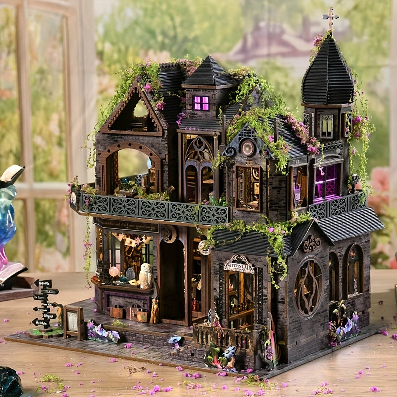 3D Wooden Puzzle Magic Castle Model Kit with LED Light – Adult Puzzle Assembly Decoration Owl Flowers Bookshelf Gift for Teens Adults