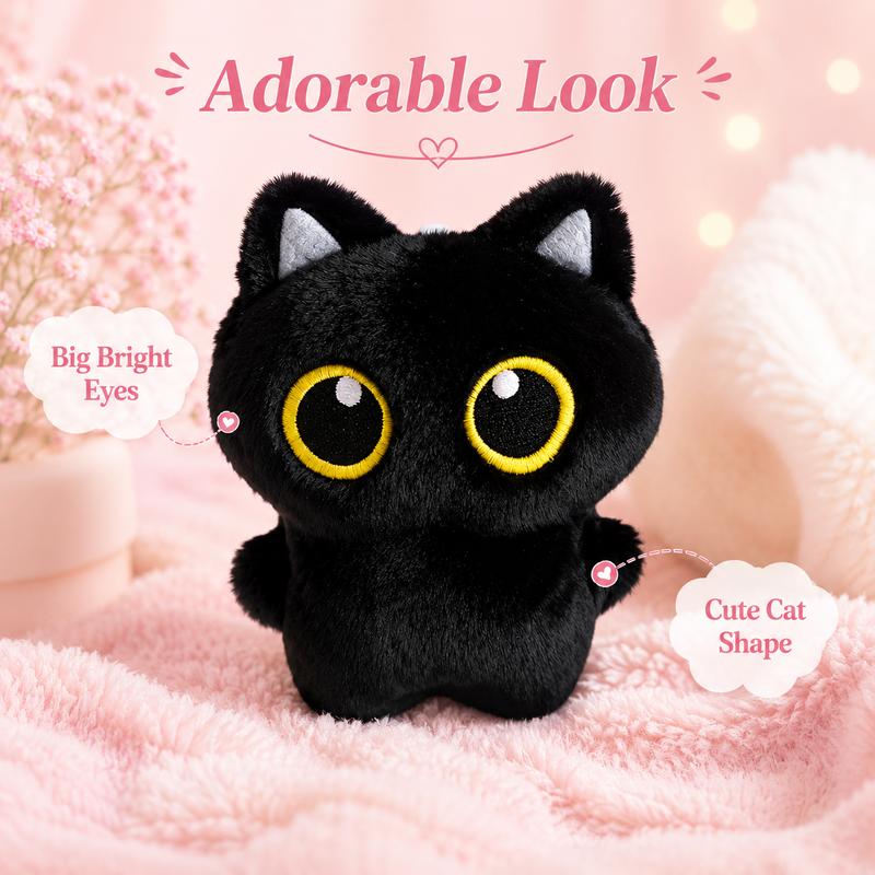 Big Eye Black Cat Plush Toy, Pocket-Sized Kitty Stuffed Animal for Desk and Bedroom Decor, Cute Cat Lover Birthday and Holiday Gift
