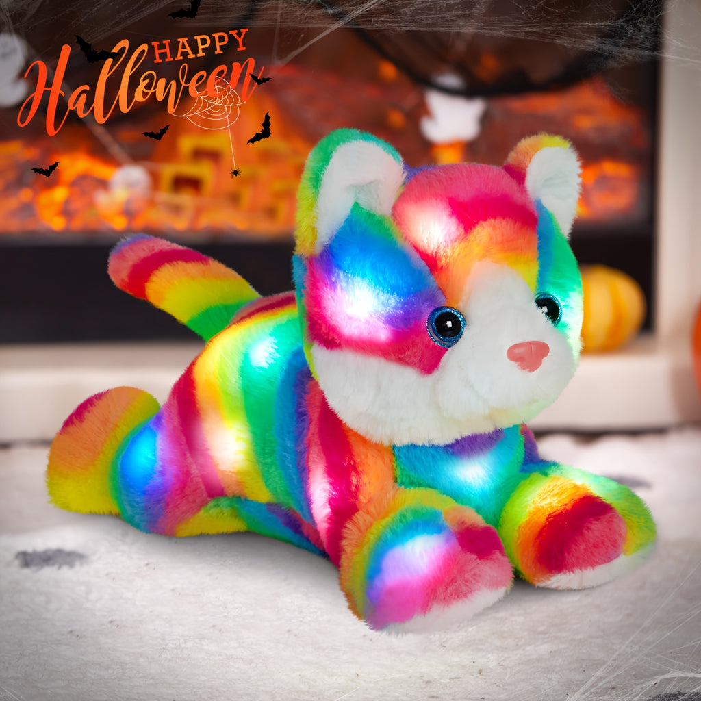 Musical Glowing Rainbow Cat Stuffed Animal - Soft Plush Cat Toy with Colorful LED Lights & Sound, Cute Kawaii Cat Plushie for Playtime Birthday New Year Party Decoration Gift
