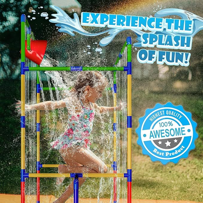 Backyard Waterpark Sprinkler Toy for Kids with Dump Buckets Spinning Splash Wheel Built-In Sprinkler Sturdy Frame Outdoor Summer Water Play Gift for Boys Girls