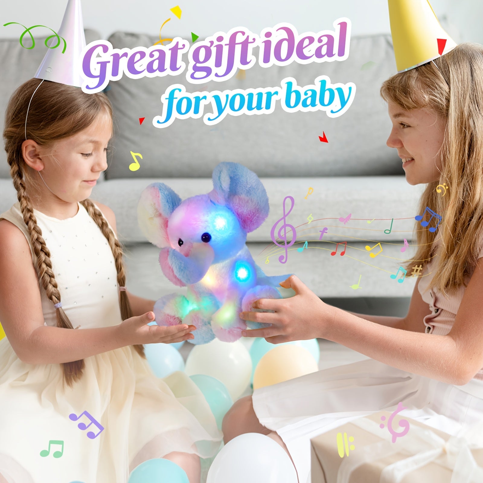 Musical Glowing Rainbow Elephant Plush Toy 12 Inch Night Light Lullaby Soft Stuffed Animal Soothing Baby Gift Birthday Decor for Kids Toddlers