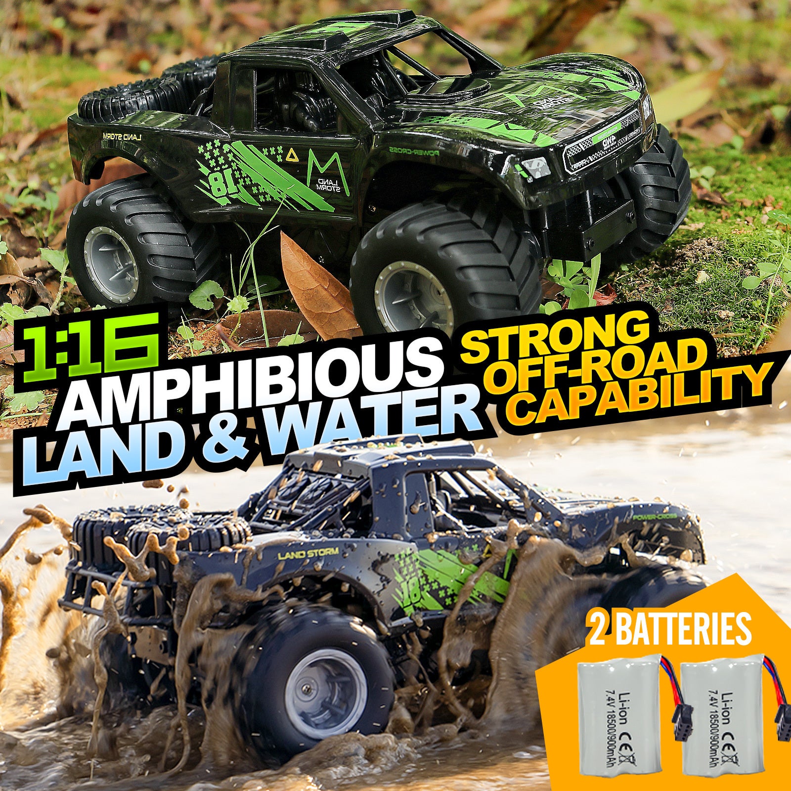 Amphibious RC Monster Truck 1:16 Scale 4WD Waterproof - 2 Rechargeable Batteries, All Terrain Off-Road RC Car for Kids Boys Ages 4-7, Birthday Gift