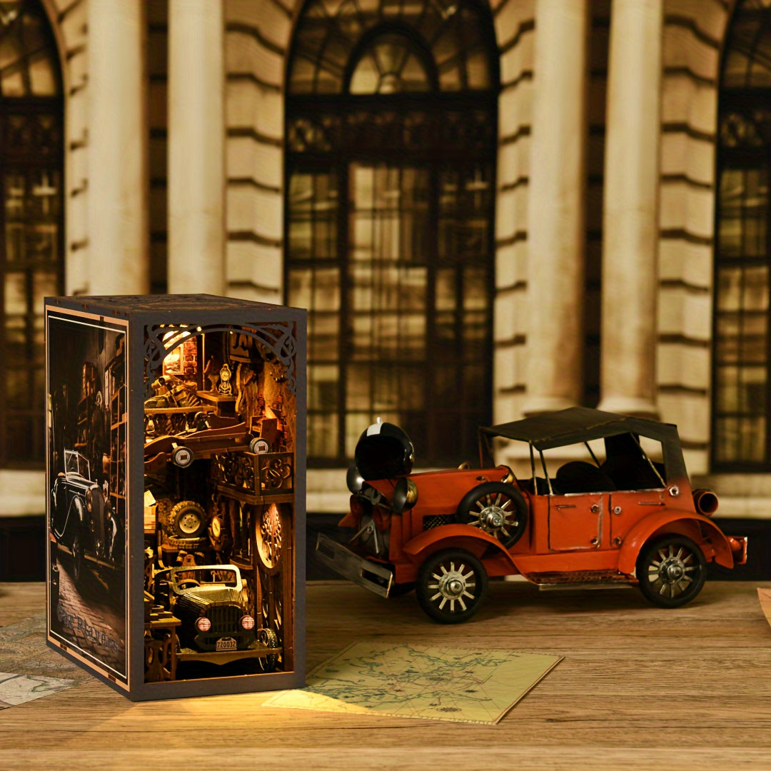 DIY Book Nook Miniature Kit with LED – Car Players 3D Wooden Puzzle Bookshelf Insert Decor Vintage Alley Bookend Model Building Set Birthday Gift Home Room Decor
