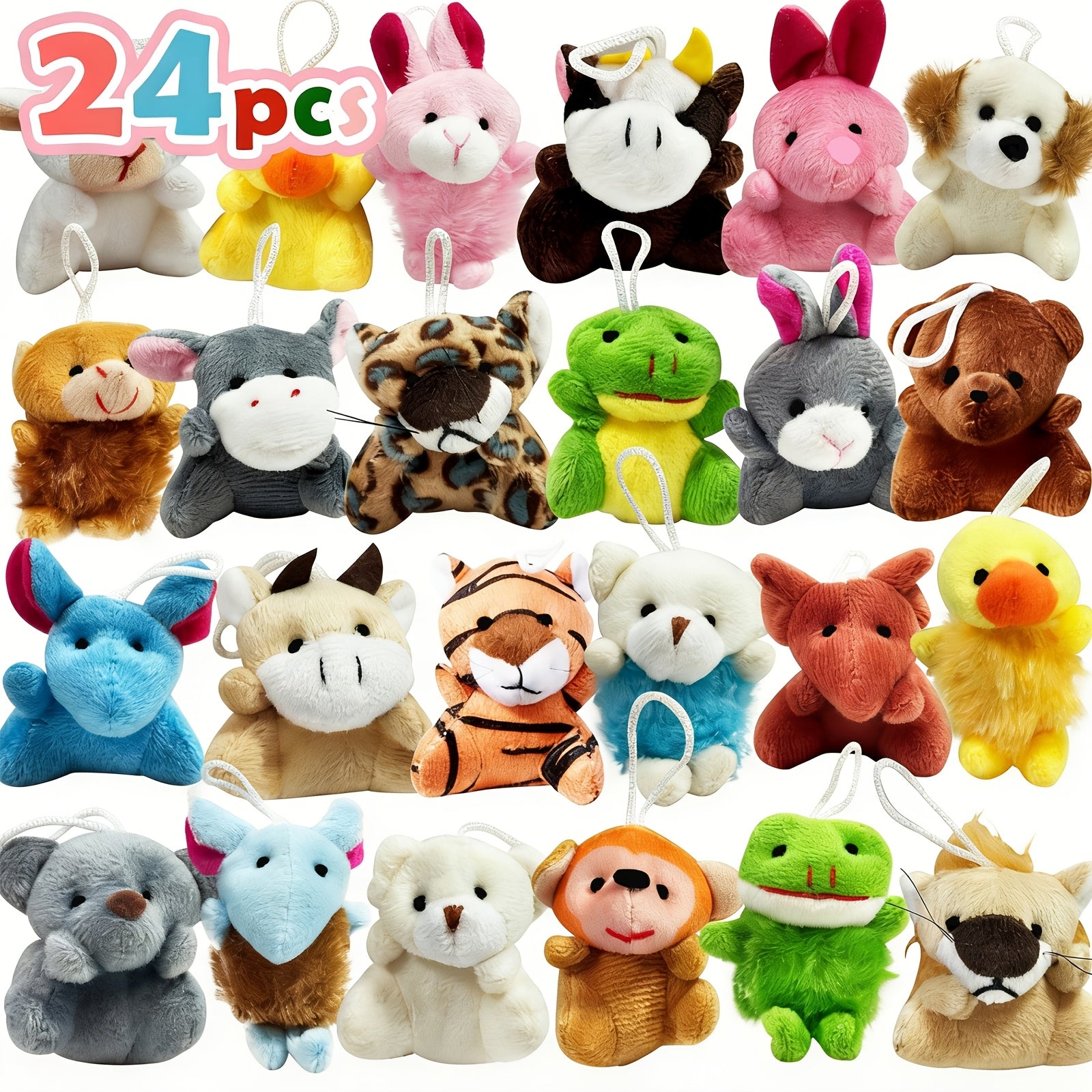 24PCS Mini Animal Plush Toy Assortment – Small Stuffed Animal Bulk Set with Keychains, Party Favors, Carnival Prizes, School Gifts, Christmas Easter Halloween Valentine’s Day Gift for Kids