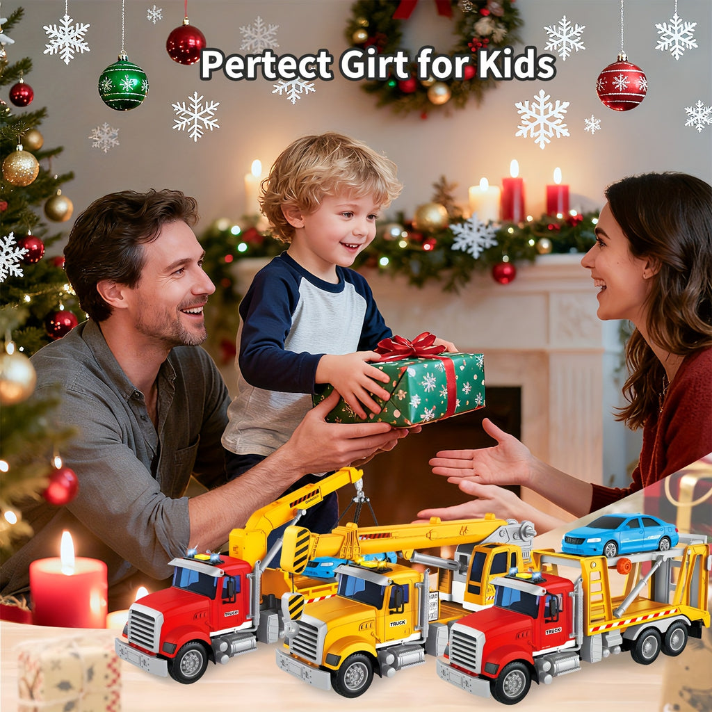 13-Inch Tow Truck Toy for Kids with Lights & Sounds – Friction Powered Transport Crane Truck with Movable Arm & Roadster, Birthday Gift for Boys Ages 3 4 5 6