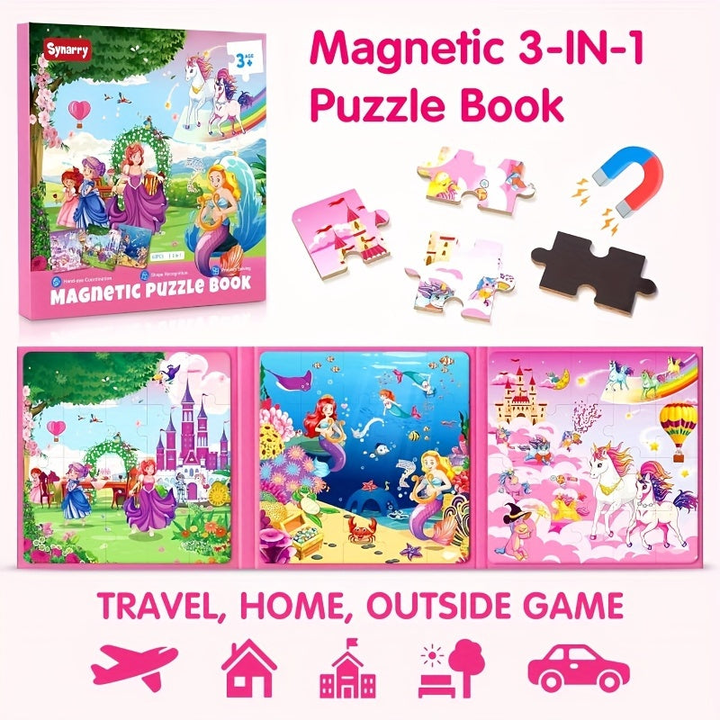 Magnetic Puzzle Book for Girls Ages 3 4 5 6 Unicorn Mermaid Princess 20pcs Travel Toy Toddler Busy Book Car Airplane Road Trip - Birthday Gift