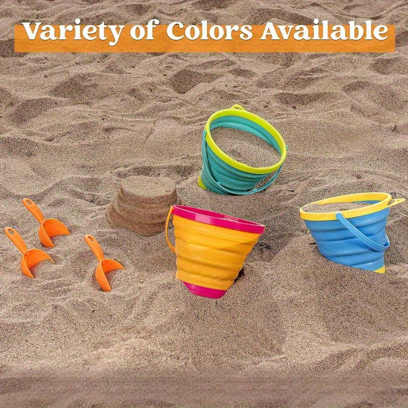 Foldable Beach Bucket Set 3 Pack Collapsible Sand Pails with Shovels & Mesh Bag – Kids Beach Toy for Sand Play, Pool, Camping