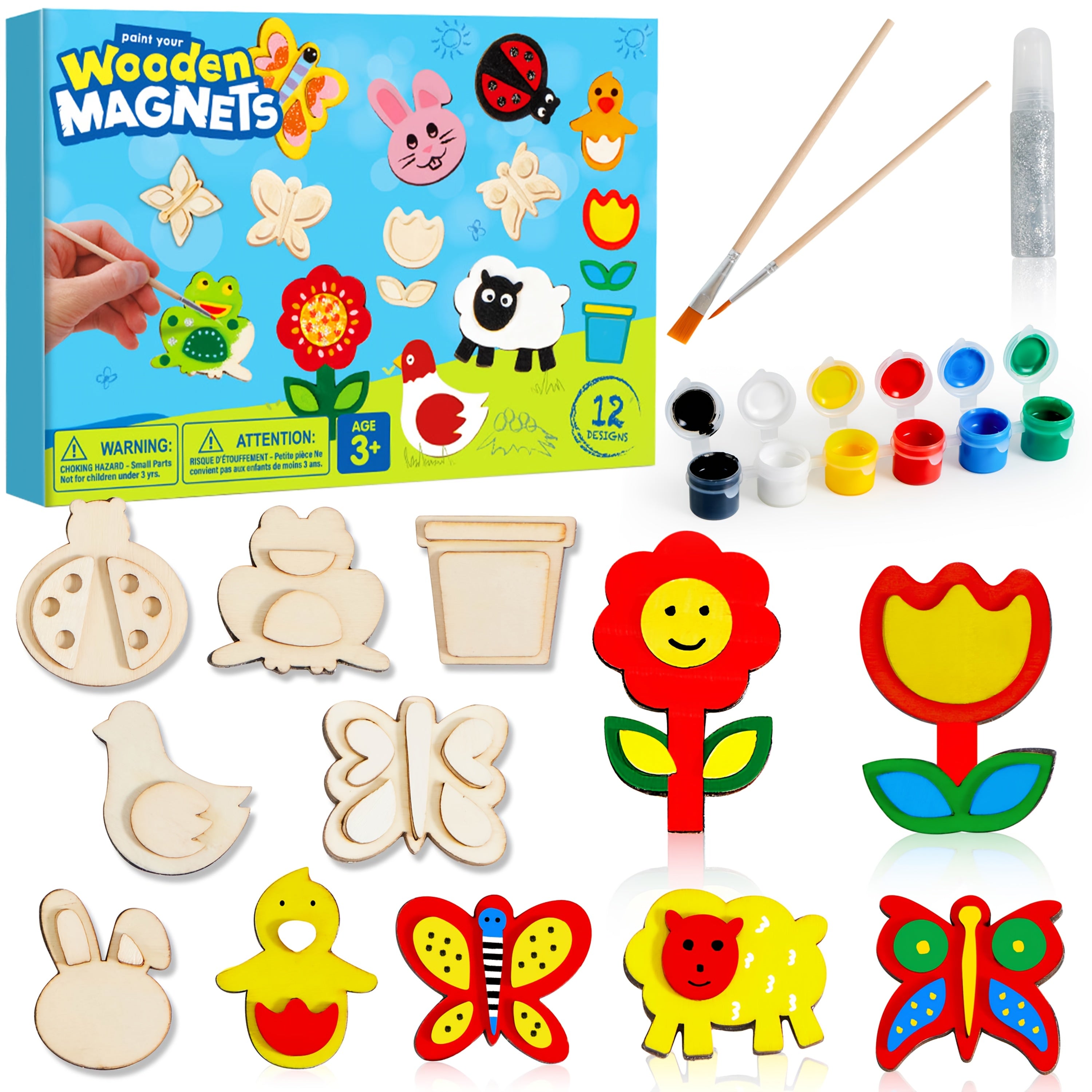12 Wooden Magnet Painting Kit for Kids – DIY Arts & Crafts Set with Paint, Brush & Glitter Glue, Decorate Your Own Fridge Magnets, Easter Basket Stuffer, Birthday Party Favor for Boys Girls Ages 3+
