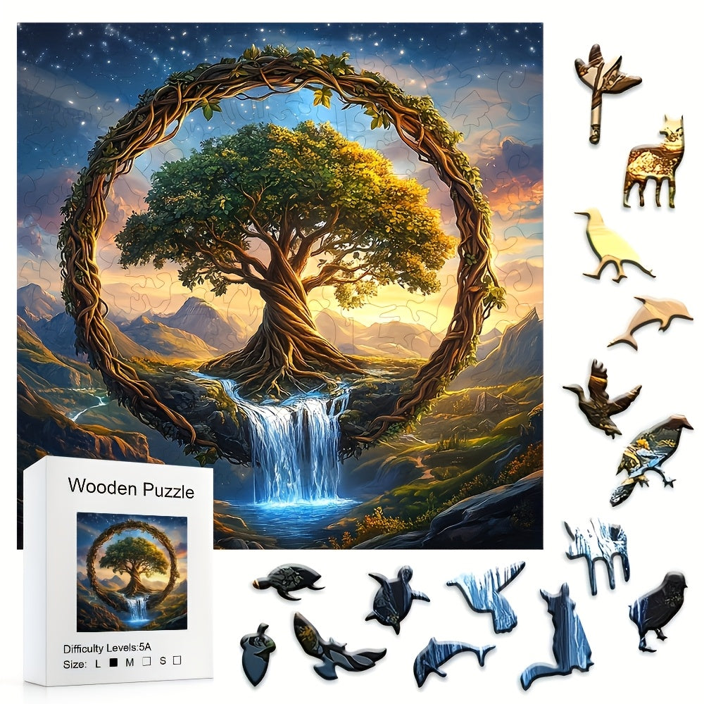 501-Piece Wooden Jigsaw Puzzle - Tree of Life with Animals & Aliens, Wooden Box Brain Teaser Game, Room Decoration & Educational Gift for Christmas Halloween Birthday