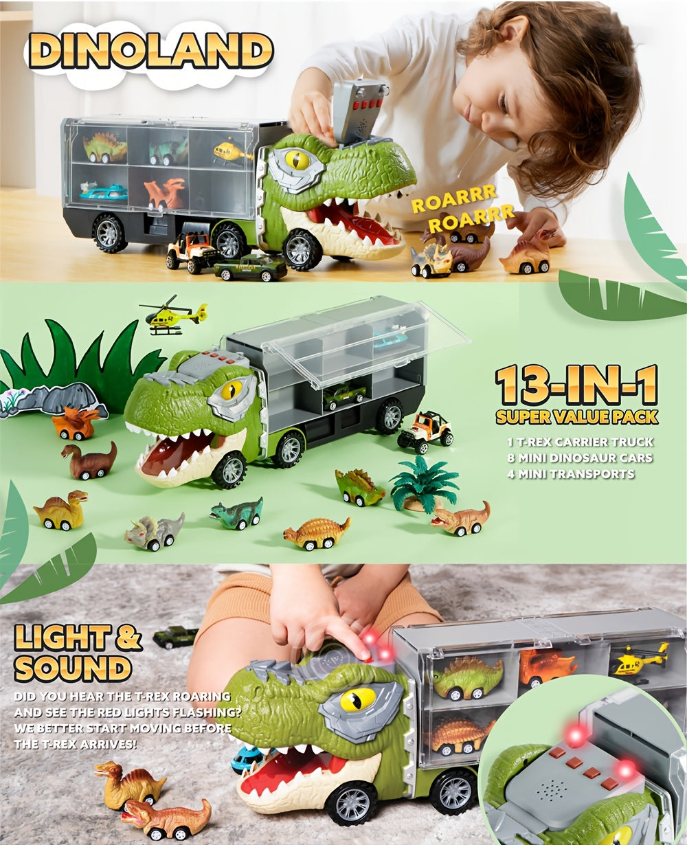 Dinosaur Truck Toy Set 13-in-1 for Kids – Transport Carrier with Sound & Lights, 12 Pull-Back Dino Cars & Helicopter, Birthday Gift for Boys Ages 3 4 5