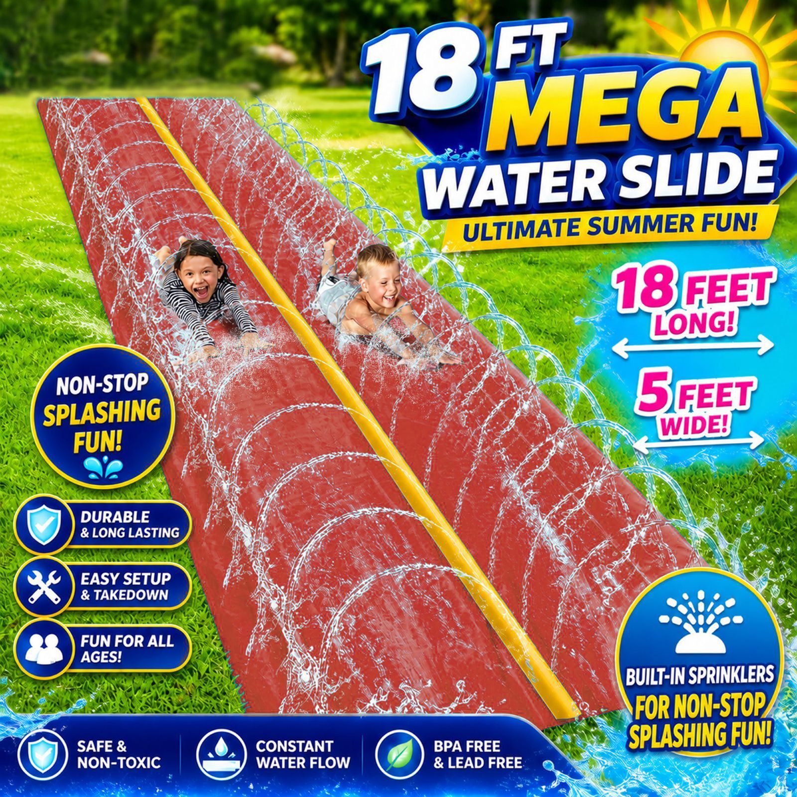Dual Lane Water Slide for Kids 18x5FT Outdoor Lawn Slip Slide with Zigzag Sprinkler – Heavy Duty PVC Summer Water Toy for Boys Girls Ages 3+