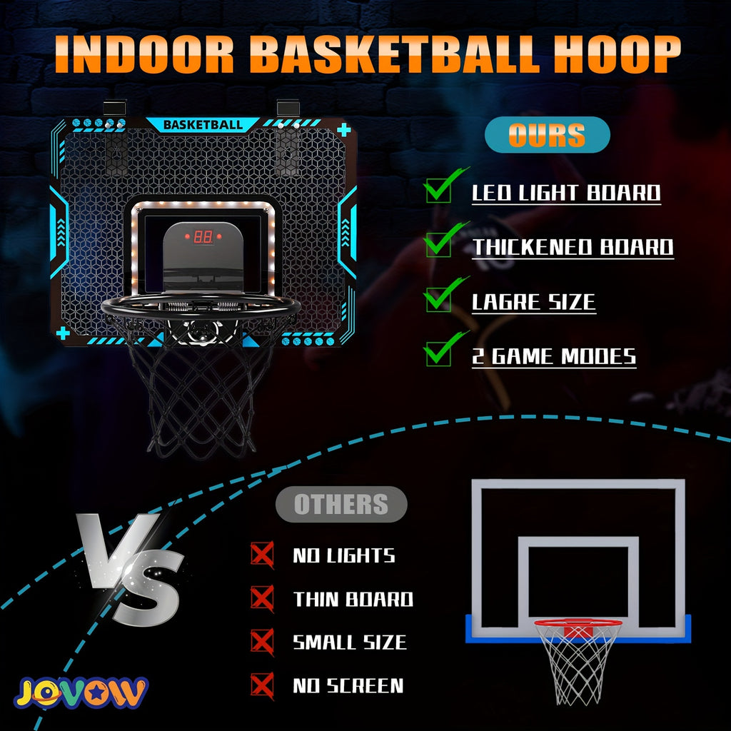 Kids Basketball Hoop Set with LED Lights Electronic Scoreboard 4 Balls Door Stand Indoor Outdoor Sports Toy for Boys Girls - Birthday Christmas Gift