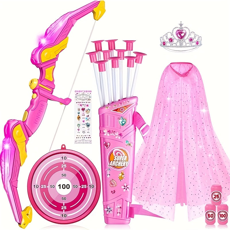 LED Light-Up Princess Bow & Arrow Set for Girls - Archery Toy with Cape, Crown, 10 Suction Cup Arrows & Target, Indoor Outdoor Birthday Gift for Kids Girls Boys