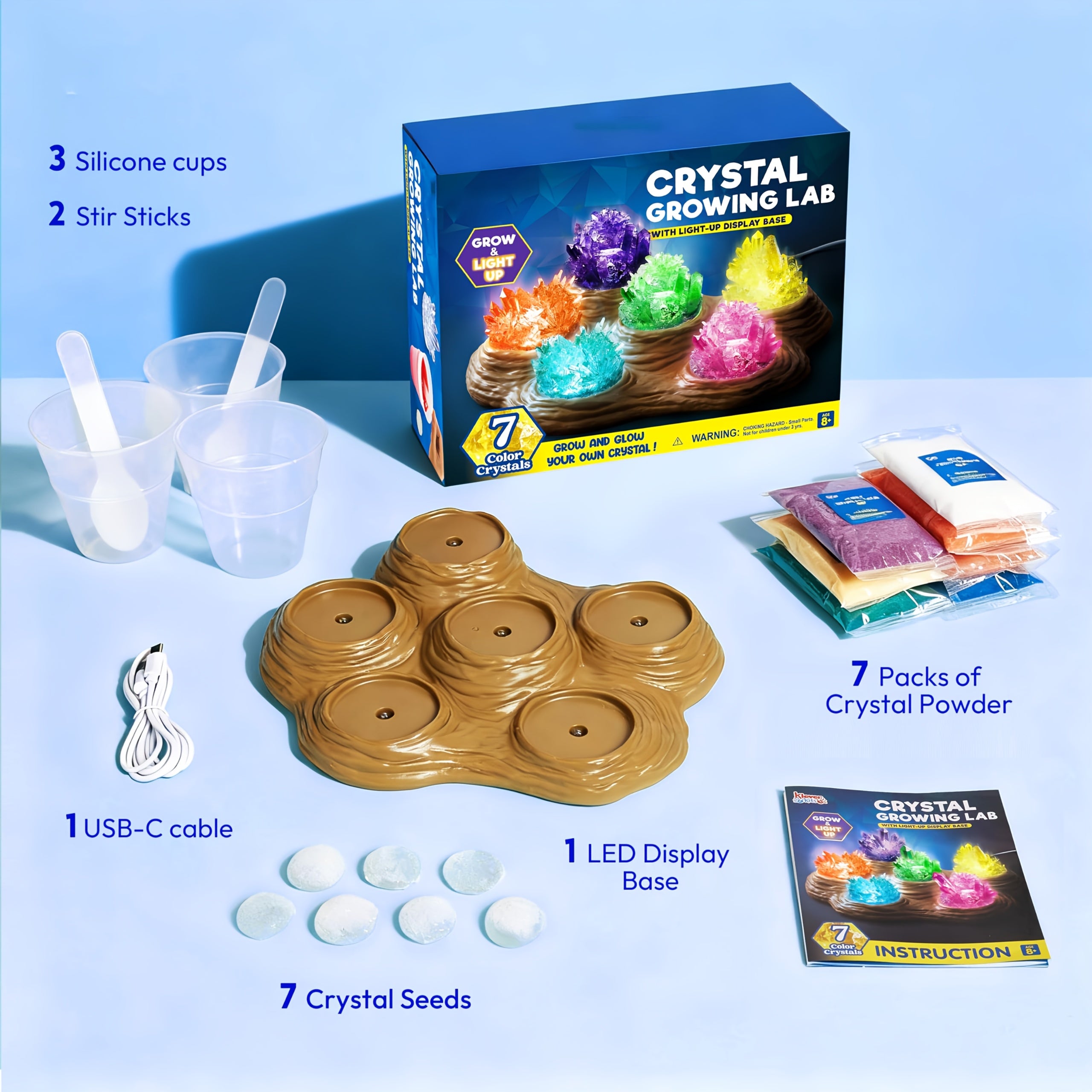 Crystal Growing Kit for Kids with Light-Up Base – 7 Color Science Experiment Set, STEM Learning Toy for Boys & Girls Ages 8+, Birthday & Christmas Gift