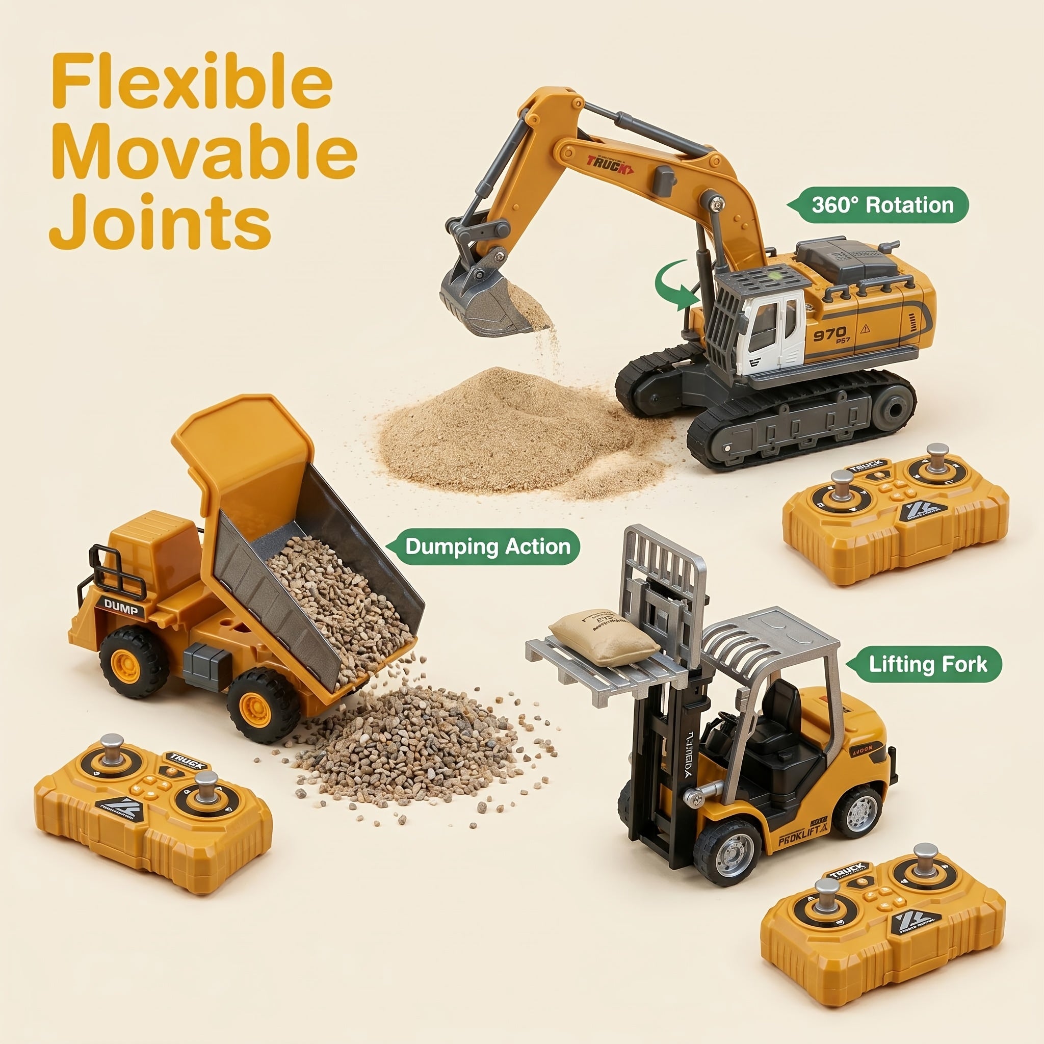 1:64 RC Construction Vehicle Set – 9-Channel Alloy Dump Truck, Forklift & Excavator with 2.4GHz Remote, Diecast Metal Body Mini Desk Toys