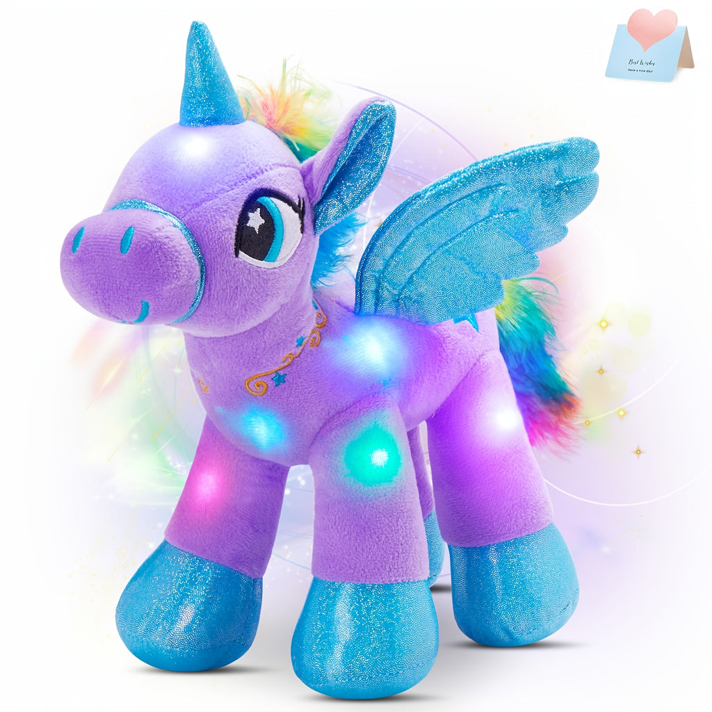 Glowing Unicorn Plush Toy 14 Inch – Purple Angel Unicorn Stuffed Animal with Flashing Night Light, Super Soft Hug Doll, Birthday Baby Shower Gift for Kids Girls, Princess Room Decor
