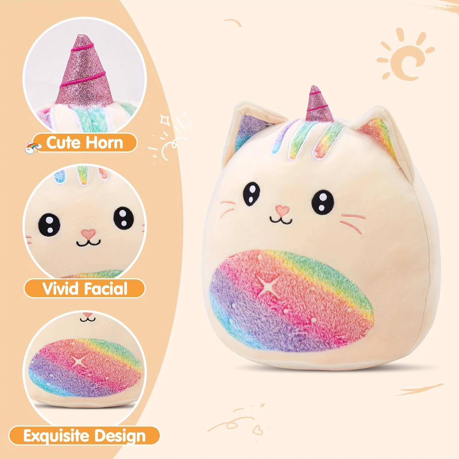Rainbow Unicorn Kitty Plush Stuffed Pillow - Unicorn Cat Stuffed Animal for Room Decor, Fantasy Playroom Decor, Birthday Mother's Day Gift for Kids Girls Women Friends