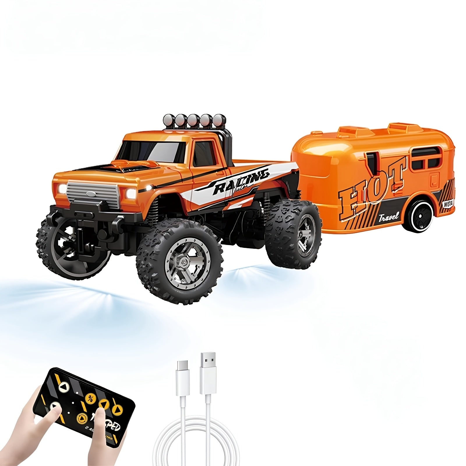 Mini RC Off-Road Truck 1/64 Scale Die-Cast with Trailer & Lights, 2.4GHz Rechargeable Climbing RC Car Adjustable Speed Pocket-Sized Palm Toy for Kids & Adults