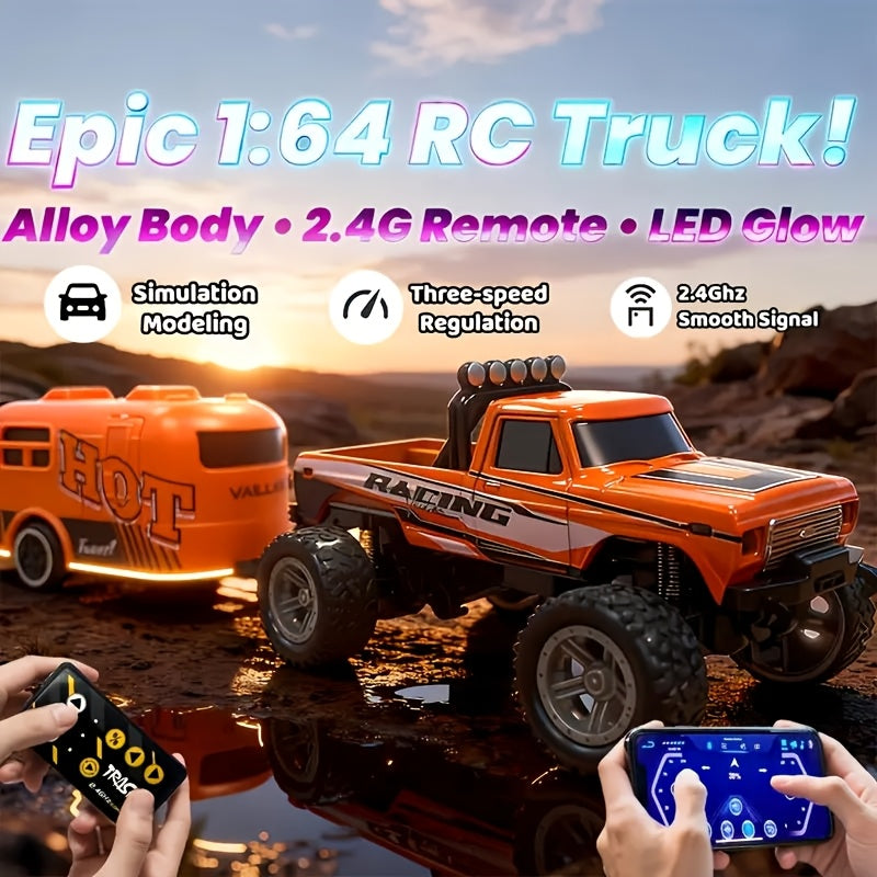 RC Monster Truck with Trailer App Controlled Alloy Die-Cast 3-Speed Heavy-Duty Suspension Underbody LED Lights USB Rechargeable Indoor Outdoor Kids Gift