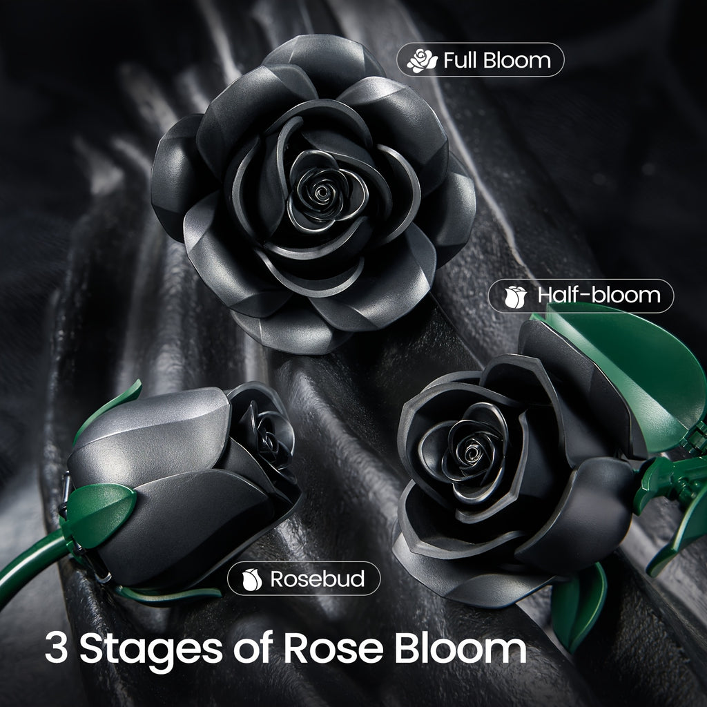 Gothic Black Rose Building Block Set 152pcs – 3 Artificial Flower Bouquet Bricks Art Piece, Unique Party Gift & Home Decor for Rose Lovers