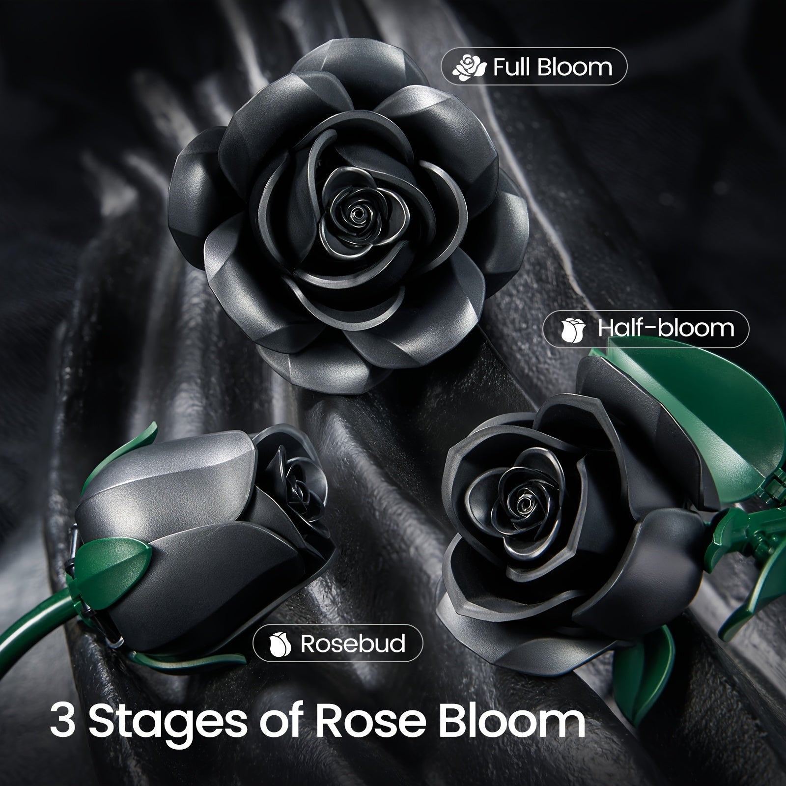 Gothic Black Rose Building Block Set 152pcs – 3 Artificial Flower Bouquet Bricks Art Piece, Unique Party Gift & Home Decor for Rose Lovers
