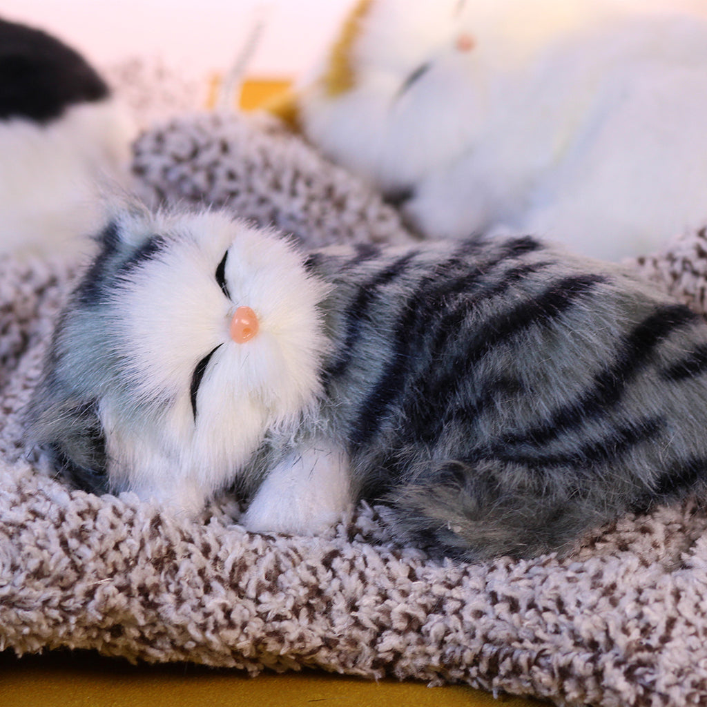 Sleeping Kitten Plush Toy with Meow Sound – Realistic Stuffed Cat Doll Soft Faux Fur, Press-Back Sound, Cute Mini Decor Gift for Kids & Cat Lovers
