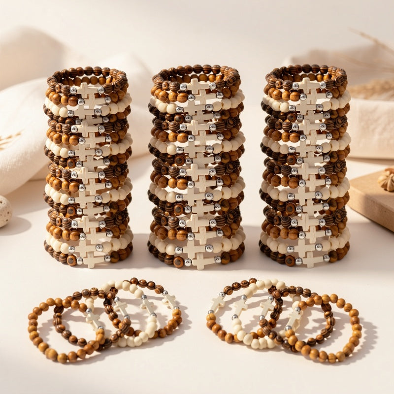 Cross Bracelet Christian Baptism Gift Set 20/40pcs Vintage Ethnic Alloy Pendant Woven Elastic Jewelry Toy Random Colors Kids Party Favor