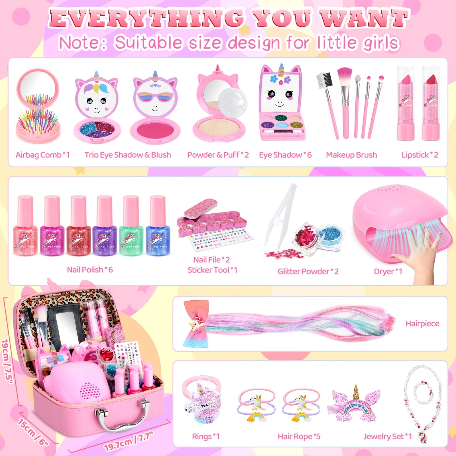 Kids Makeup Set for Girls – Non-Toxic Washable Pretend Cosmetic Kit with Nail Polish, Jewelry & Hair Accessories, Princess Dress-Up Gift Ages 3-8
