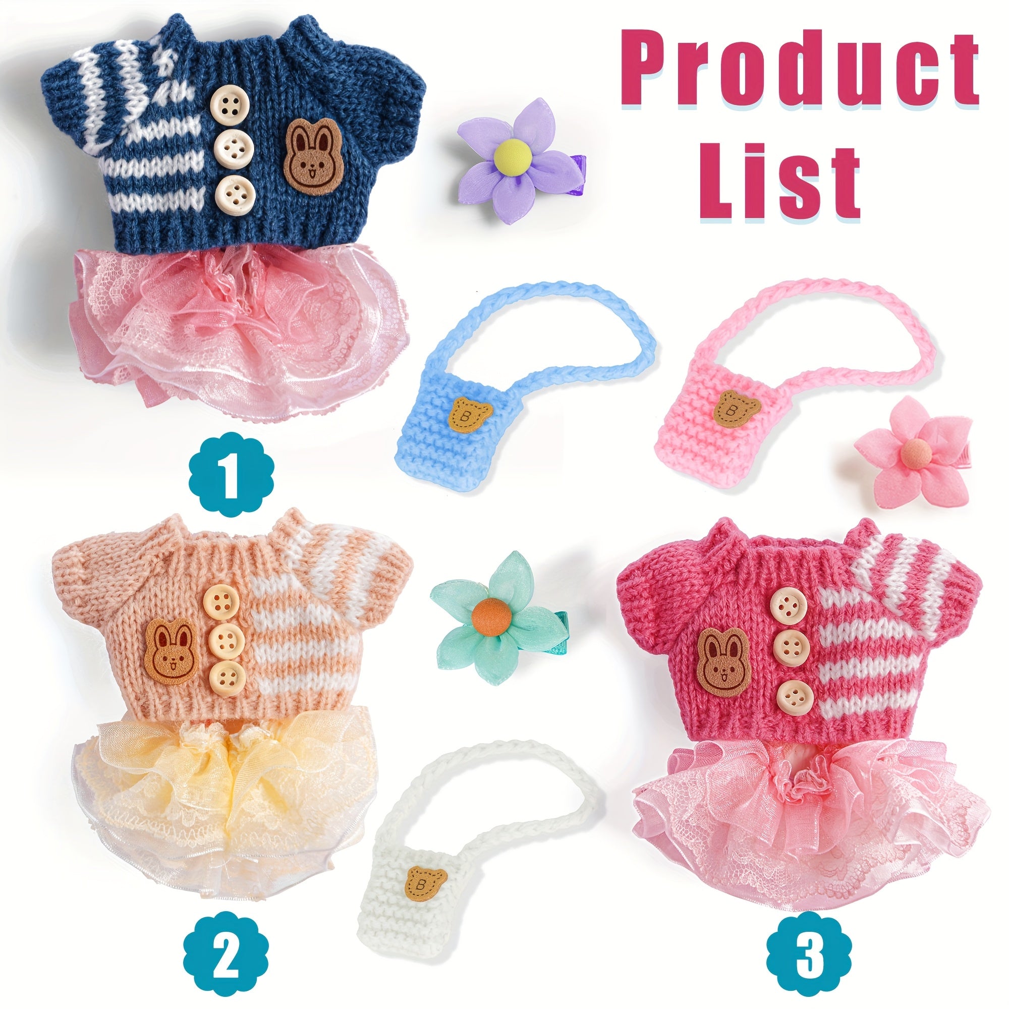 Labubu Doll Clothes 3 Sets for 17cm Plush Dolls – Knit Tops Bubble Tulle Skirts Floral Hair Clips & Bags Blue Beige Pink Complete Fashion Outfits Gift Ages 3+