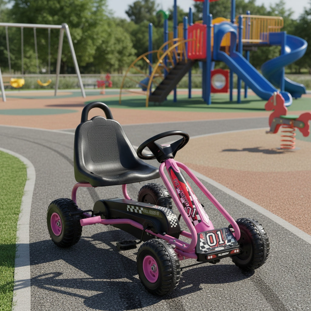Kids Pedal Go Kart 4-Wheel Ride On Car Adjustable Seat Handbrake Non-Slip Wheels No Battery Outdoor Racing Toy Boys Girls Ages 3 4 5 6 Birthday Christmas Gift