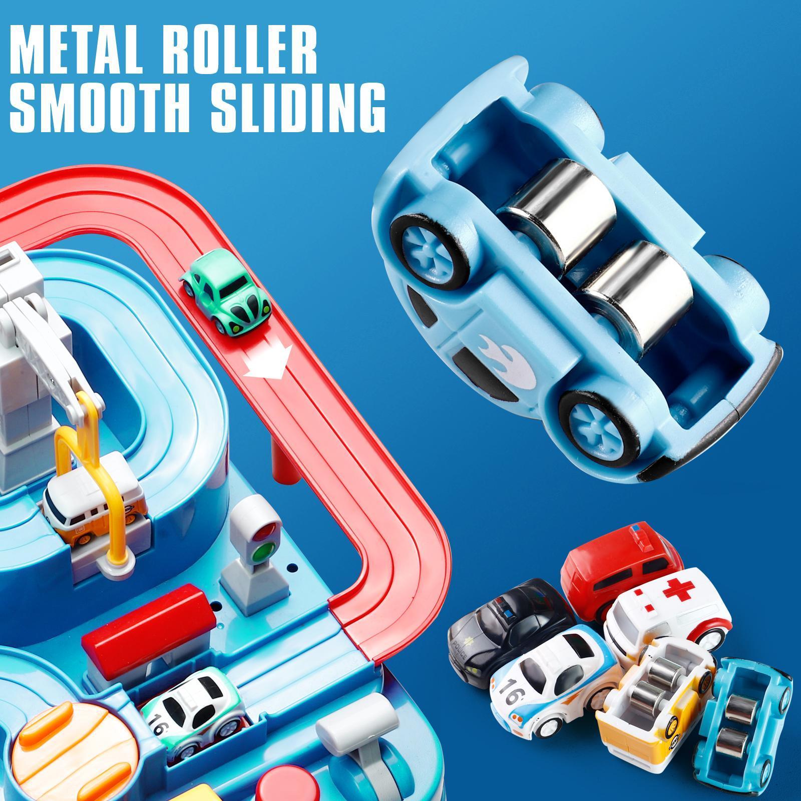 Kids Manual Race Track Playset 8-Level with 6 Mini Cars – Car Adventure Toy with Helicopter, Parking Lot, Sliding Rail & Checkpoint, No Battery Needed, Birthday Gift for Boys Girls Toddlers