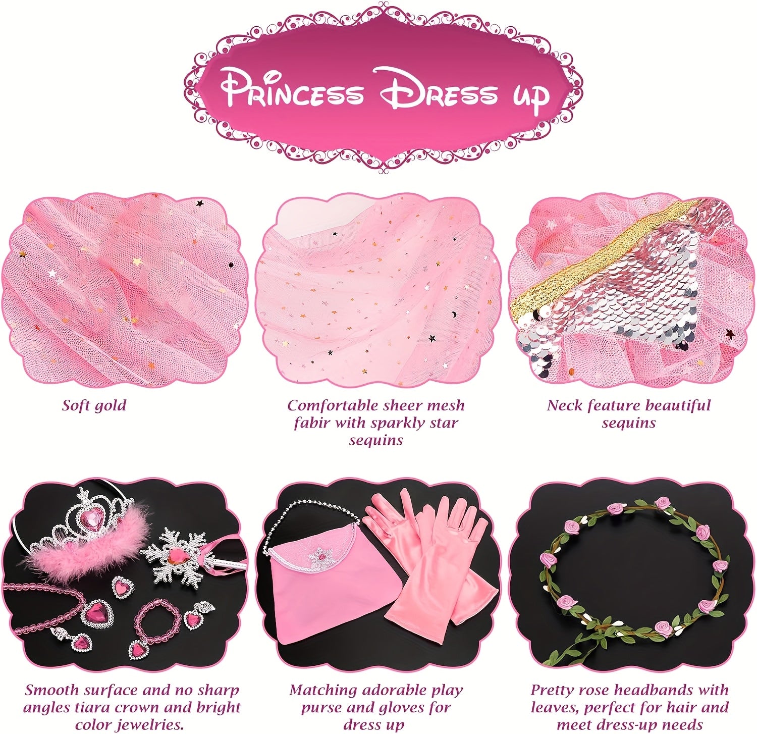 Princess Cape Dress Up Set 12pcs for Girls with Purse Gloves Tiara Jewelry Headband – Kids Costume Accessories for Birthday Halloween Christmas Cosplay Party Gift