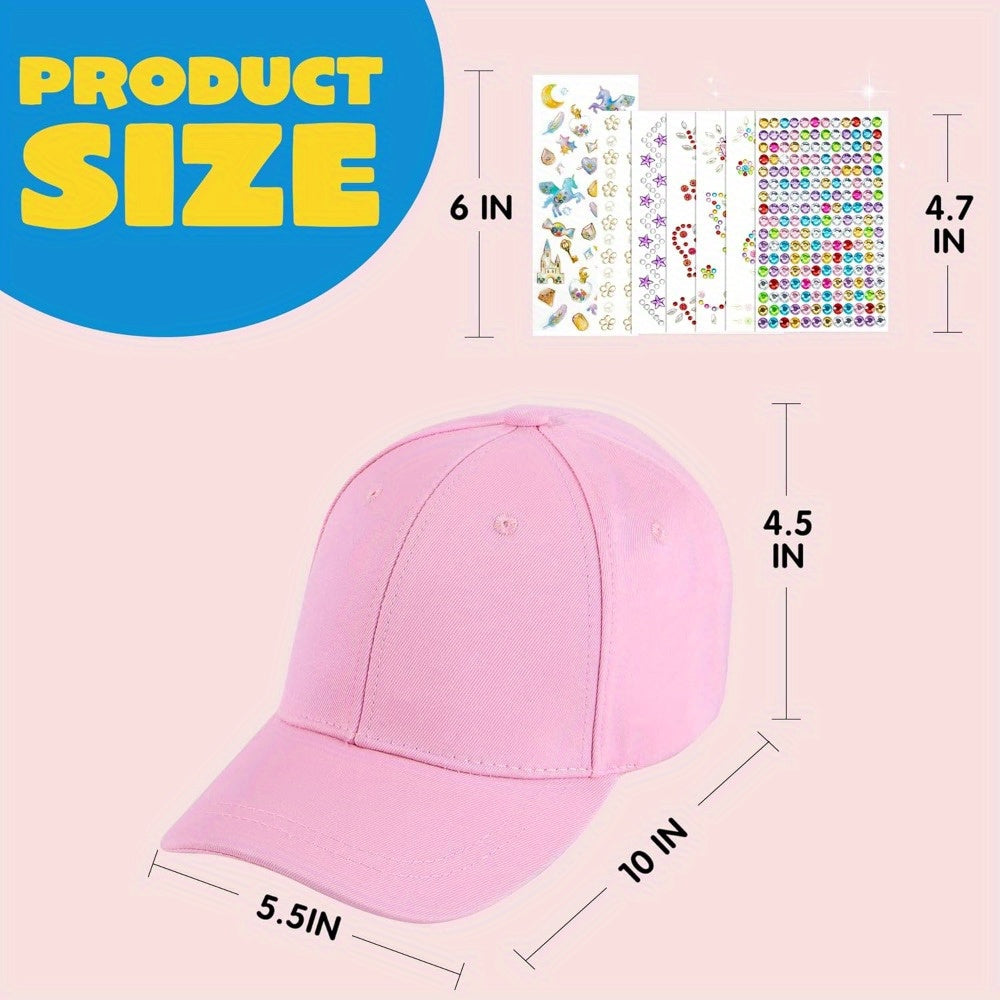 Decorate Your Own Pink Baseball Cap Kit with 7 Sheets Gem Stickers & Glitter Glue DIY Art Craft Toy Creative Gift for Girls Ages 6+