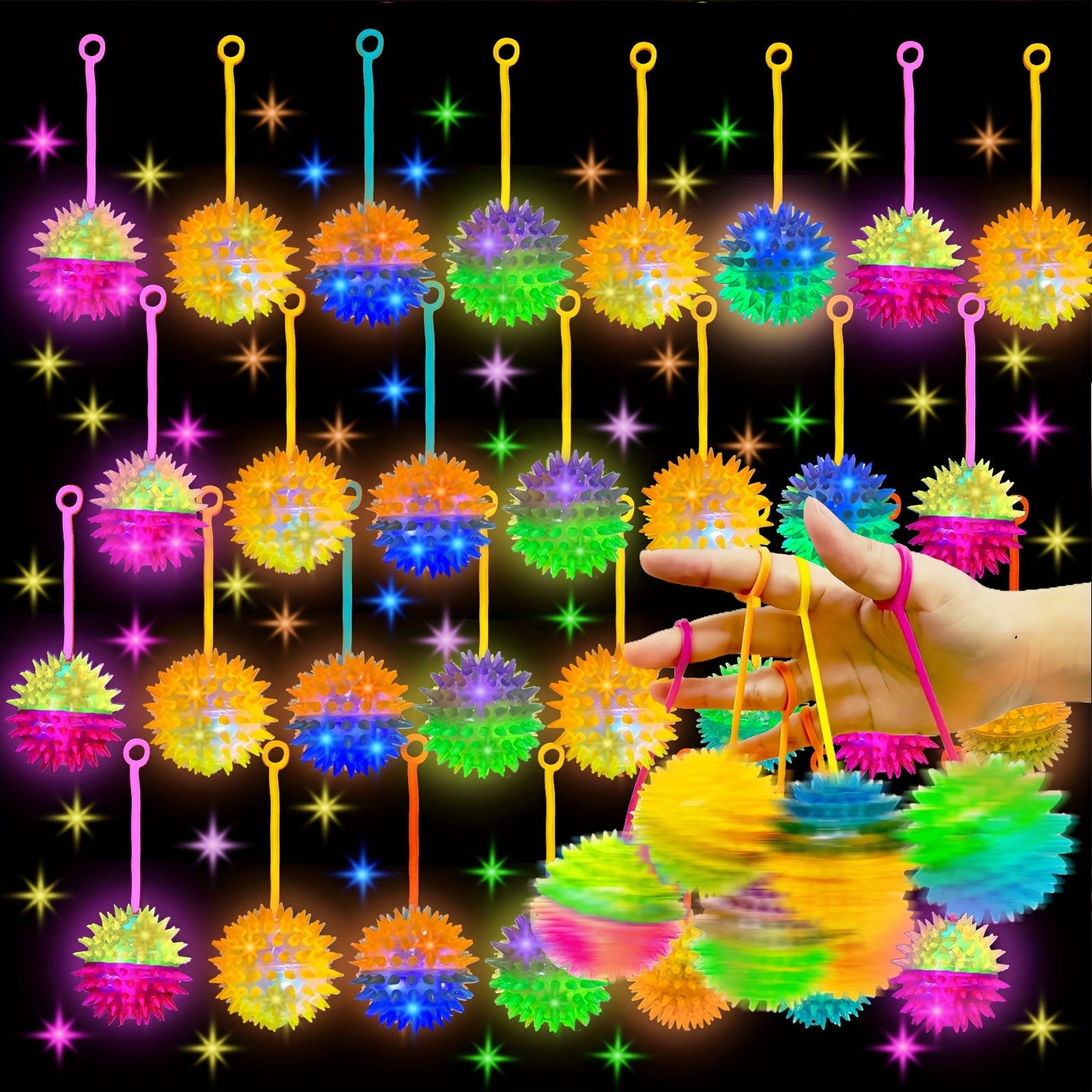 LED Light Up Inflatable Balls 28 Pcs Glow in the Dark - Spiky Sensory Balls on Rope, Party Favors for Kids Teens Adults, Carnival Decorations, Birthday Party Gift