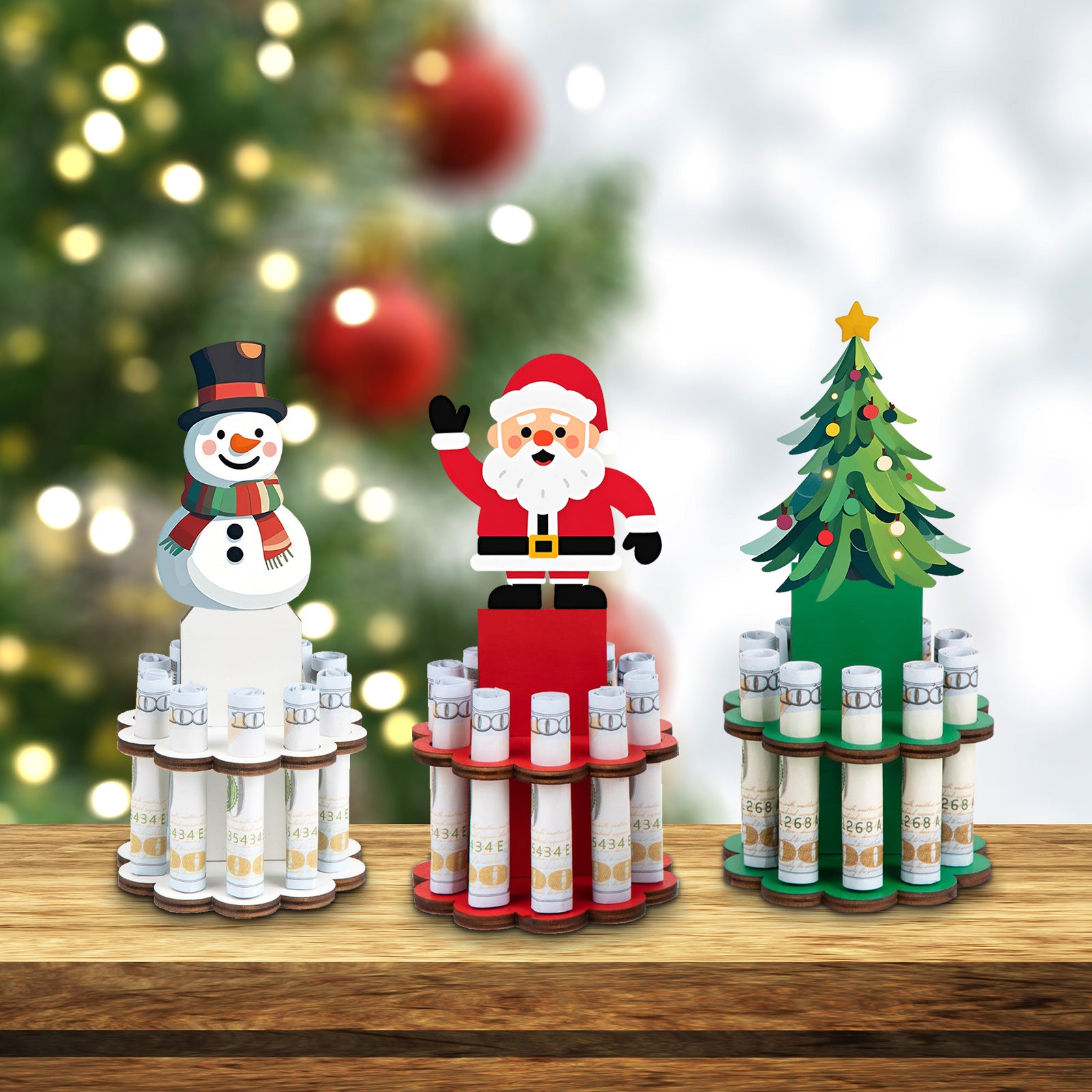 Christmas Money Holder Tree 3-Set Wooden Money Dispenser with 10 Holes – Xmas Ornament Table Decor for Holiday Party Favors Winter Gift Giving