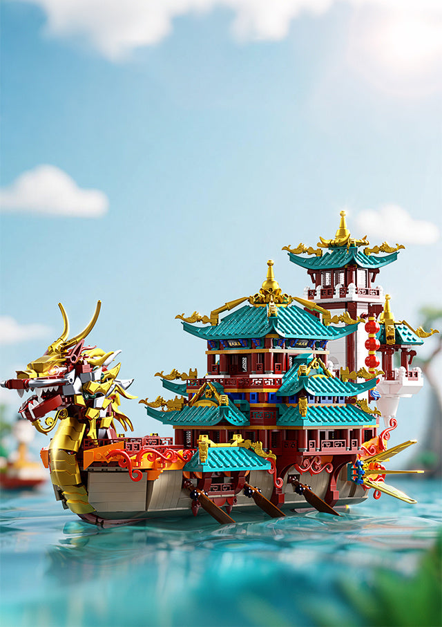 2453-Piece Dragon Boat Building Block Set Large Scale Chinese Dragon Boat Festival Model Kit - ABS Bricks Medium Difficulty, Unique Cultural Display Piece, Gift for Adults Teens Collectors