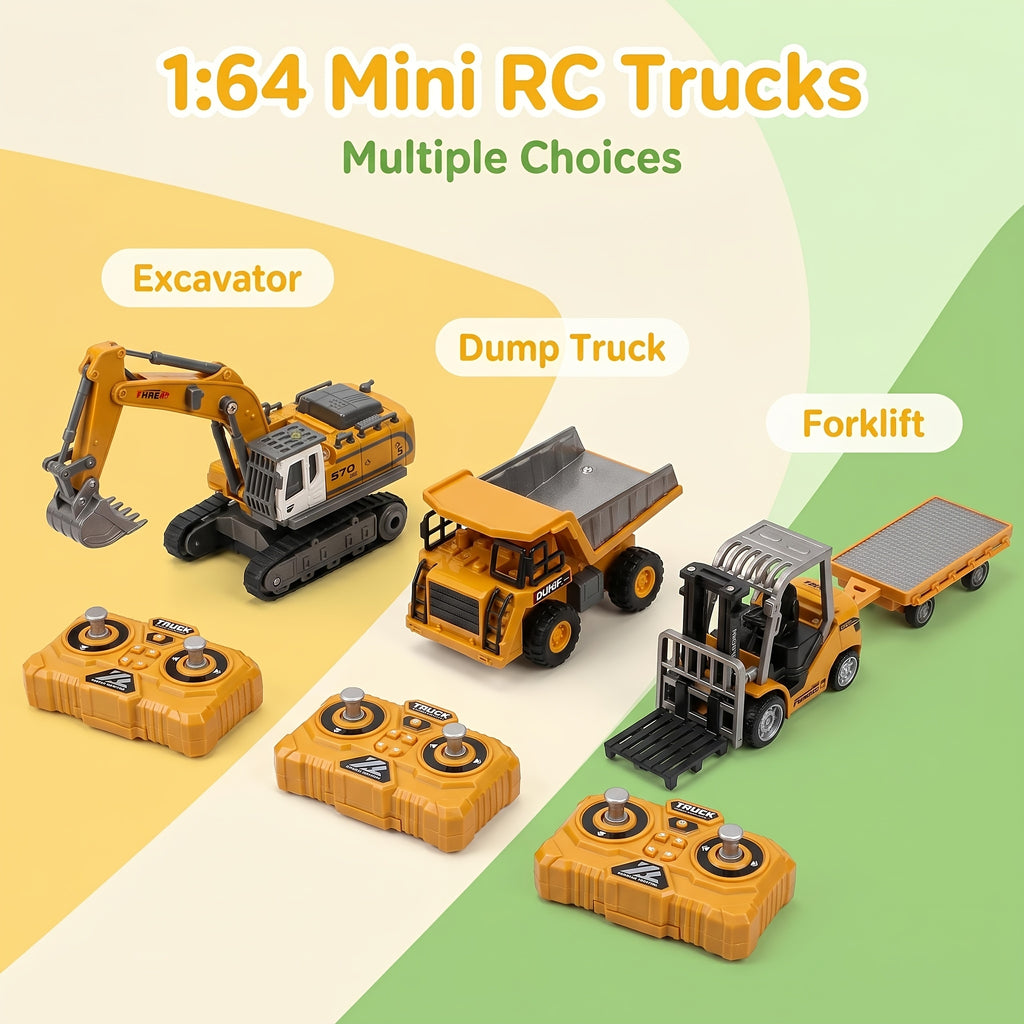 1:64 RC Construction Vehicle Set – 9-Channel Alloy Dump Truck, Forklift & Excavator with 2.4GHz Remote, Diecast Metal Body Mini Desk Toys