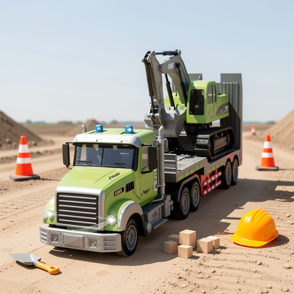 RC Semi Truck with Flatbed Trailer & Alloy Excavator 1:12 Scale 11-Channel - Construction Vehicle Set with Lights Sound, Engineering Toy Gift for Boys Ages 3+