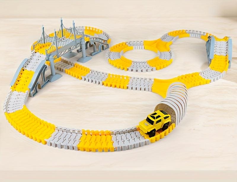 Kids Electric Track Car Toy Set Engineering Race Track with Elevated Bridge Tunnel Roller Coaster Scene Building Assembly – Birthday Gift Boys Girls Ages 3-8