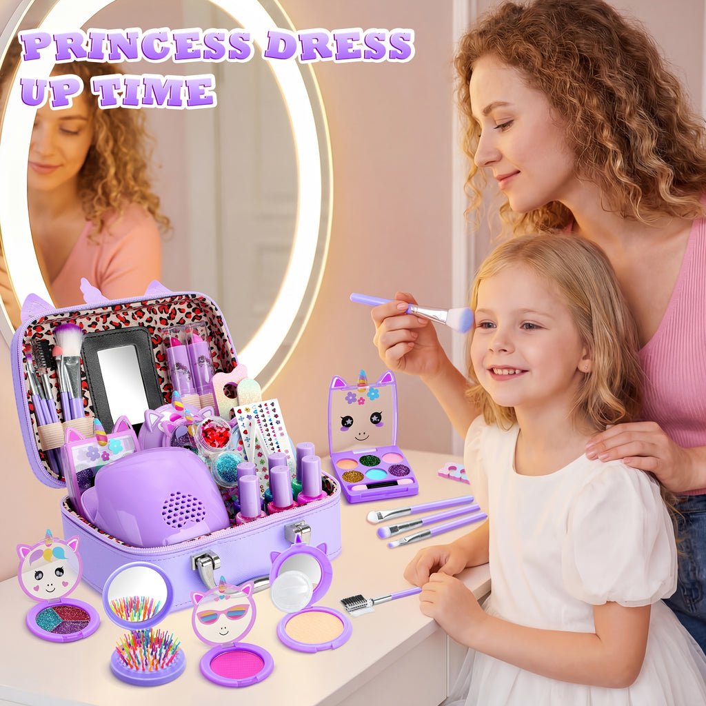 Kids Makeup Set for Girls – Non-Toxic Washable Pretend Cosmetic Kit with Nail Polish, Jewelry & Hair Accessories, Princess Dress-Up Gift Ages 3-8