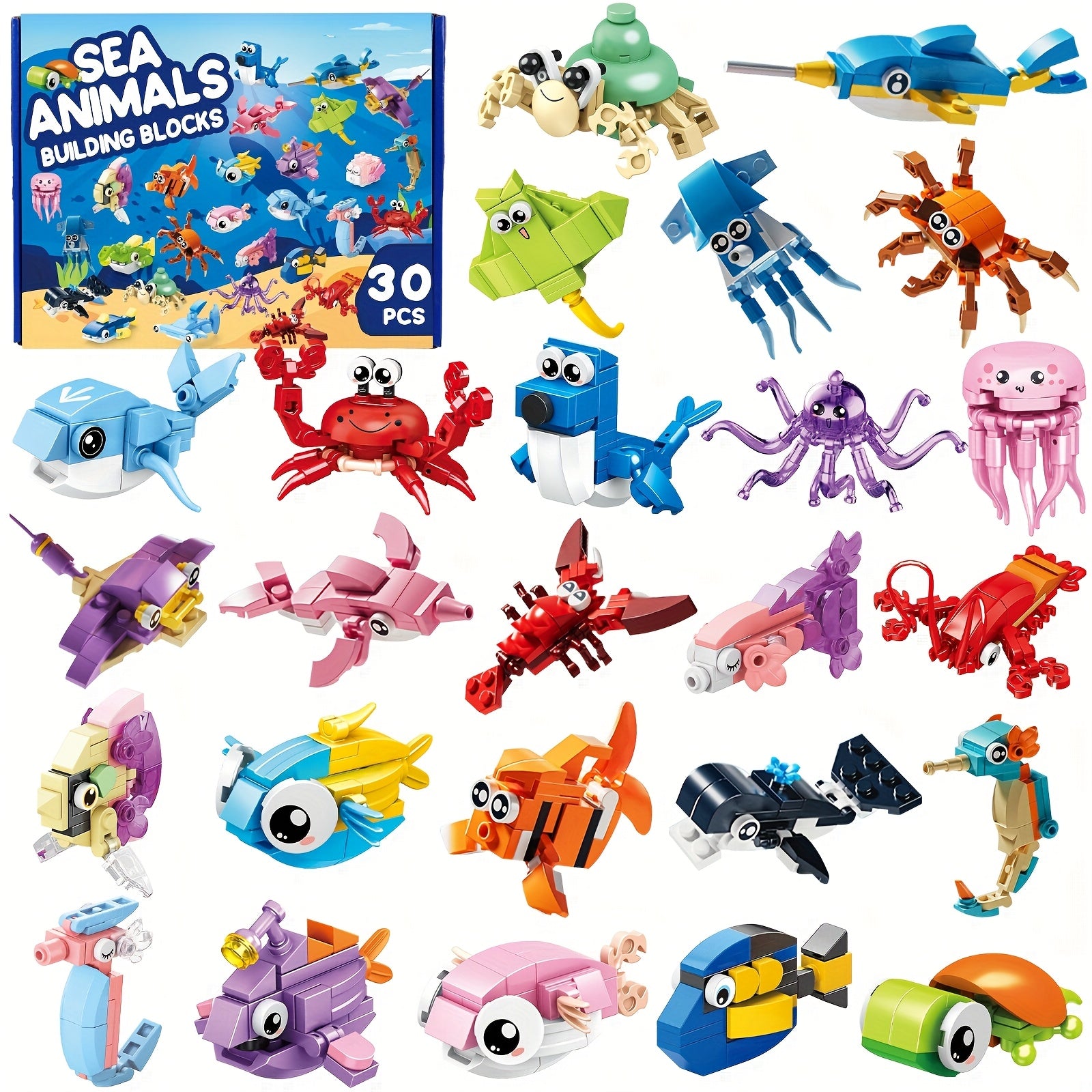 Ocean Building Blocks Mini Party Favors 30-Pack for Kids – Marine-Themed Brick Set for Boys & Girls, Birthday Goodie Bags, Classroom Prizes, Stocking Stuffers