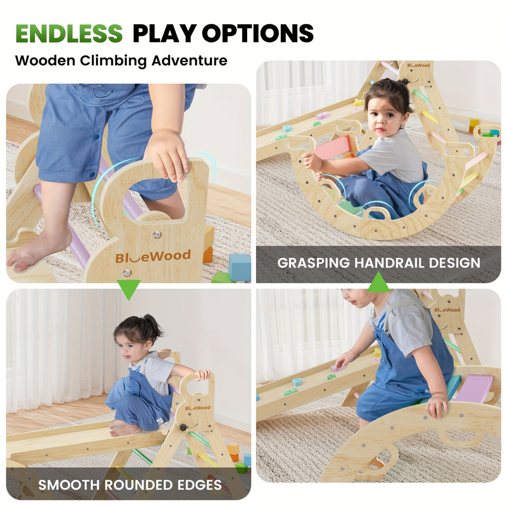 Pikler Triangle 8-in-1 Foldable Wooden Climbing Set Toddlers Indoor Jungle Gym with Slide Arch Rocker Montessori Toy Ages 1 2 3 4 5 Birthday Christmas Gift