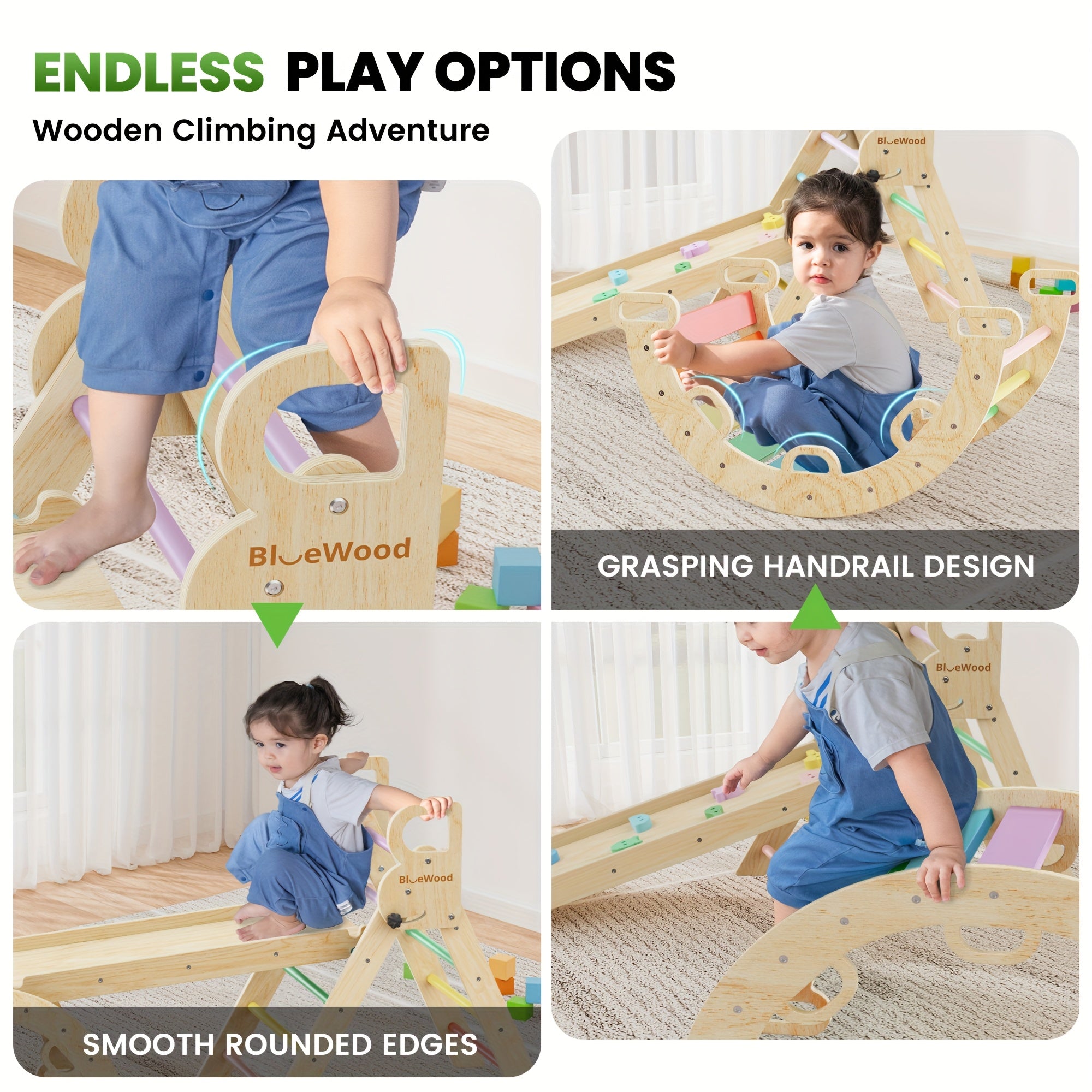 Pikler Triangle 8-in-1 Foldable Wooden Climbing Set Toddlers Indoor Jungle Gym with Slide Arch Rocker Montessori Toy Ages 1 2 3 4 5 Birthday Christmas Gift