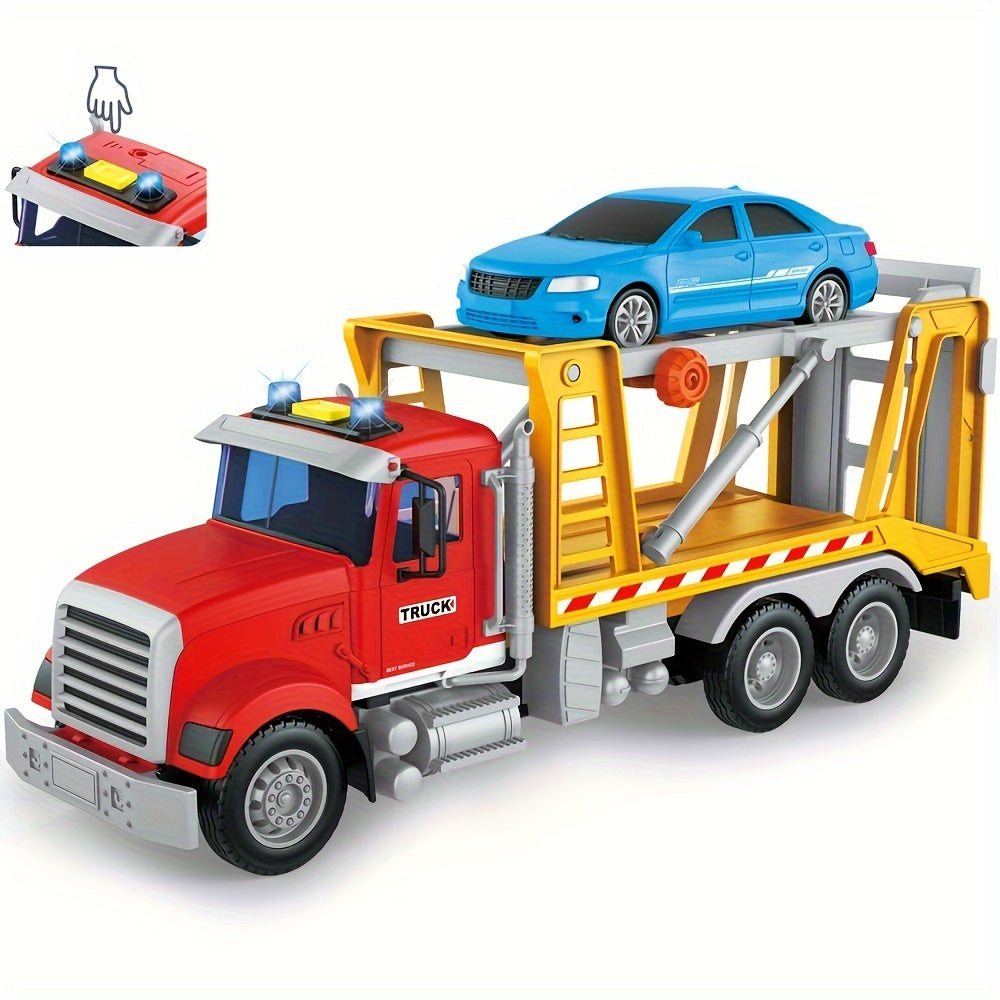 13-Inch Tow Truck Toy for Kids with Lights & Sounds – Friction Powered Transport Crane Truck with Movable Arm & Roadster, Birthday Gift for Boys Ages 3 4 5 6